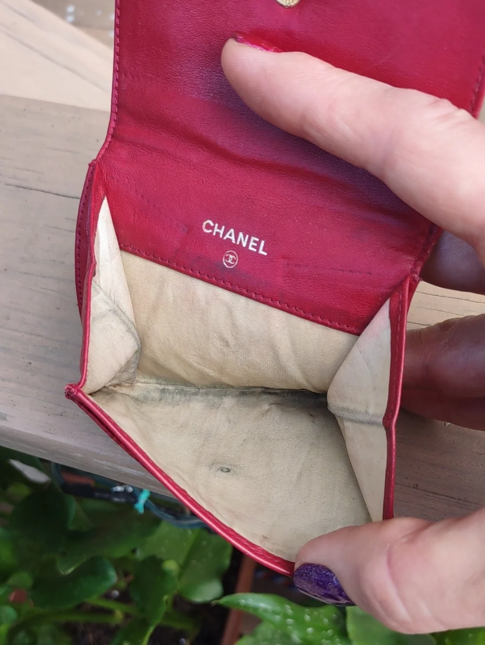 CHANEL Red Quilted CC Embossed Leather Coin Wallet.
